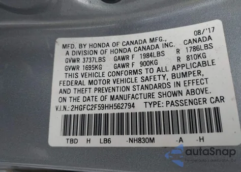 2017 Honda Civic Lx из США, поврежденный, VIN 2HGFC2F59HH562794